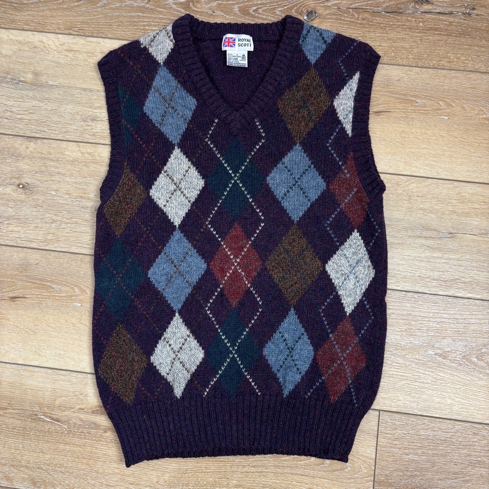 VTG Royal Scott Mens Large Shetland Wool Sweater Vest Argyle Made in Hong Kong - Picture 8 of 9